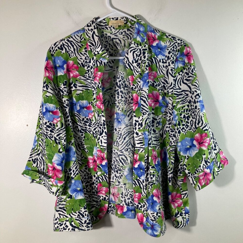 Womens Vintage Choices Linen Floral Open Jacket Pink Blue White Black XL Linen‎